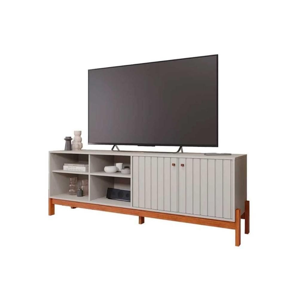 Rack Bancada P/ Tv Até 60 Pol Holanda Ripado C/ 2 Porta E 4 Nichos 185cm Off White/cinamomo - Permóbili