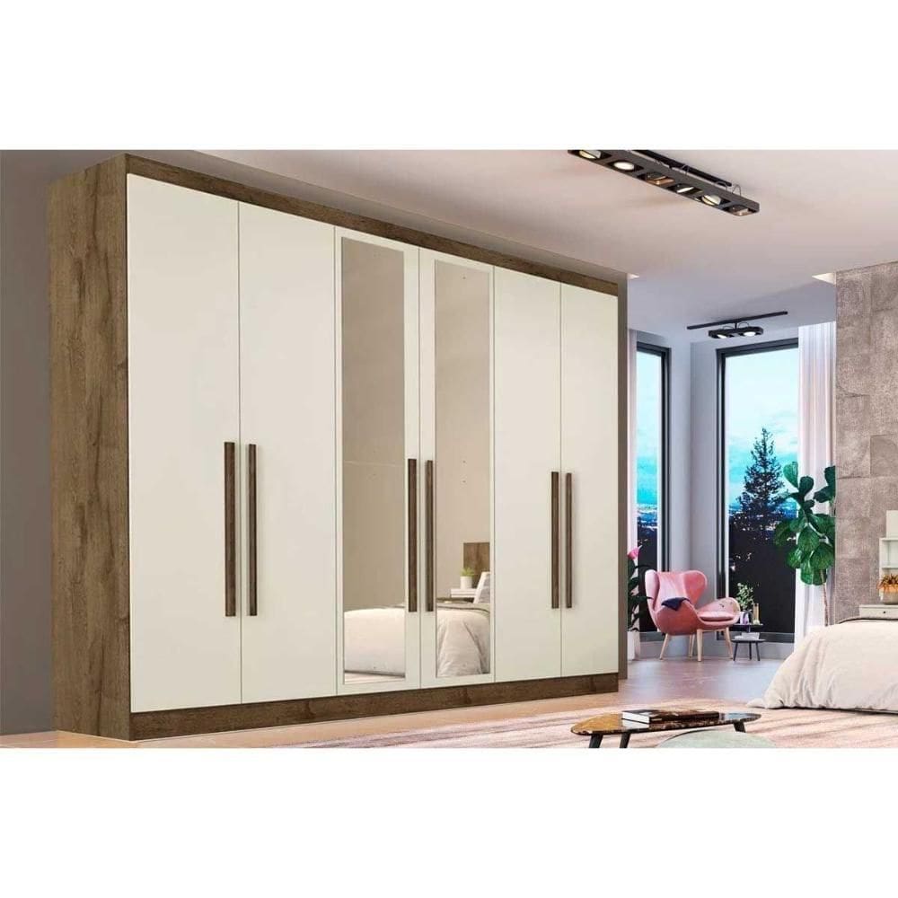 Guarda Roupa Casal 6 Portas (2 C/ Espelho) E 6 Gavetas Oslo Braúna/off White - Europa