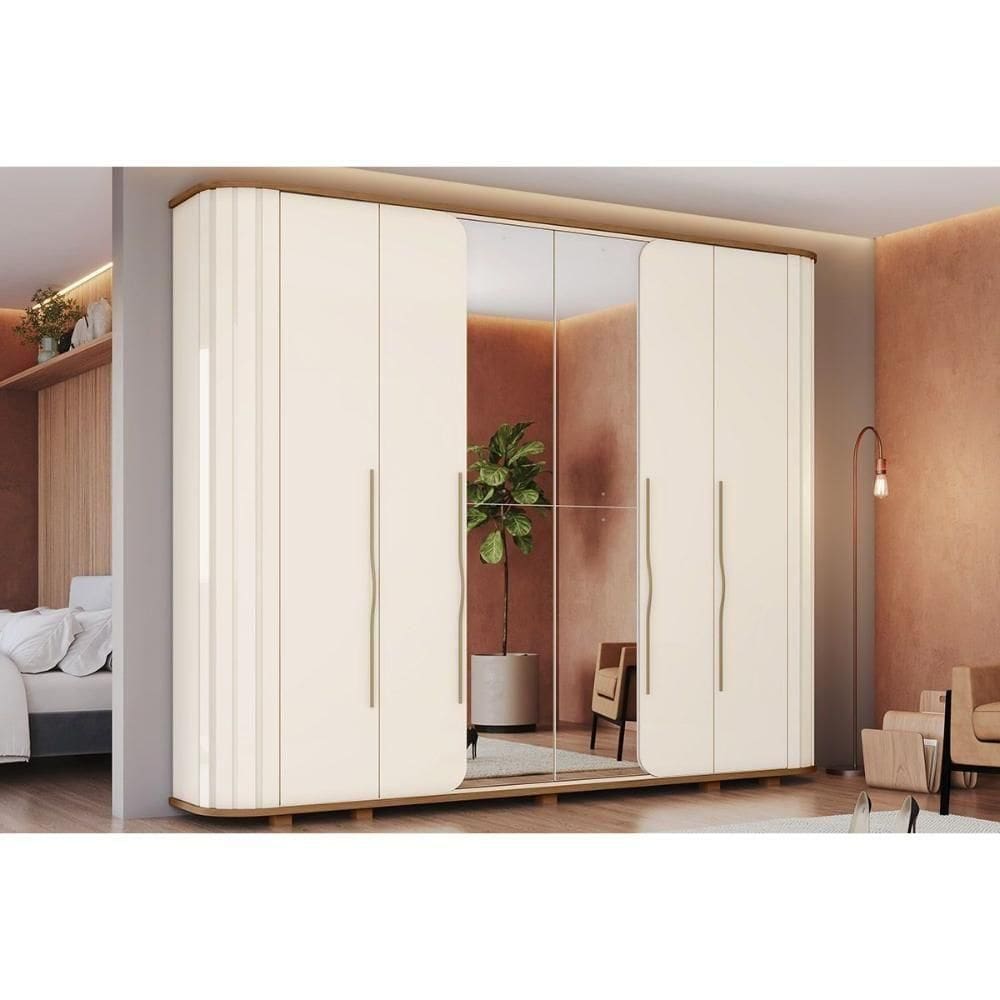 Guarda Roupa Casal 6 Portas (2 C/ Espelho) E 6 Gavetas C/ Pés Premium Off White/nature - Henn