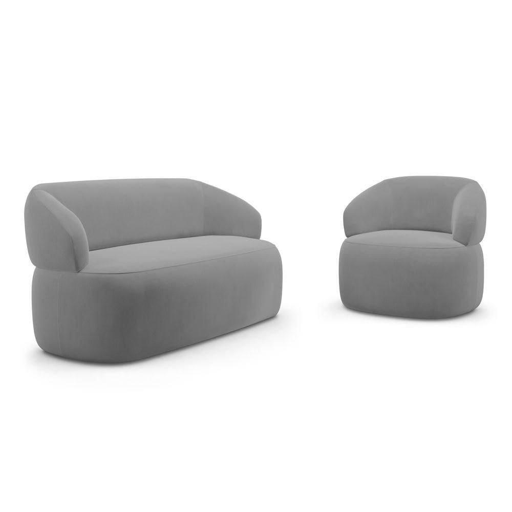 Kit Poltrona Giratória E Sofá Orgânico Living Glee 02 Lugares 140cm Veludo Cinza - Abmaza