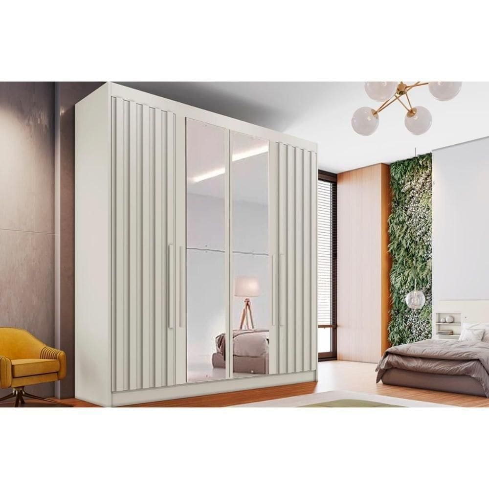 Guarda Roupa Solteiro 4 Portas Ripadas (2 C/ Espelho) E 3 Gavetas Potente Off White - Europa