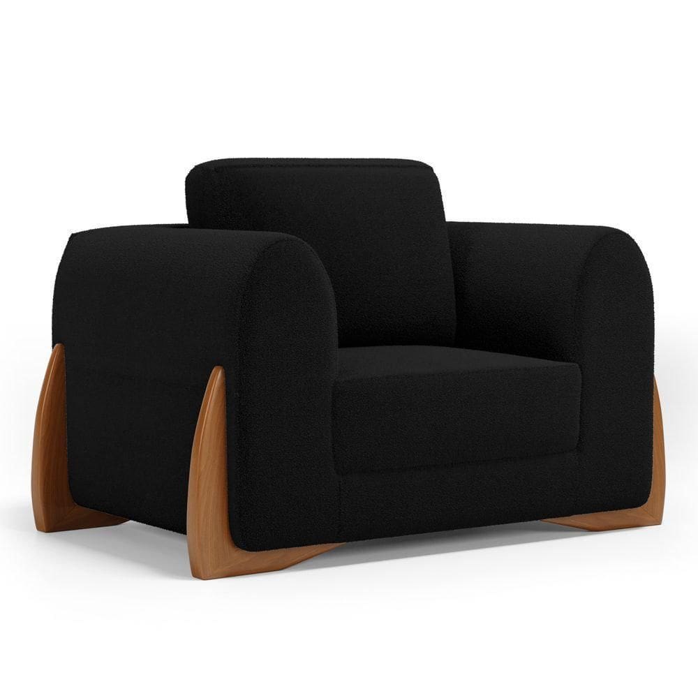 Poltrona Decorativa Living Bloom Com Pés De Madeira Bouclê Preto - Abmaza