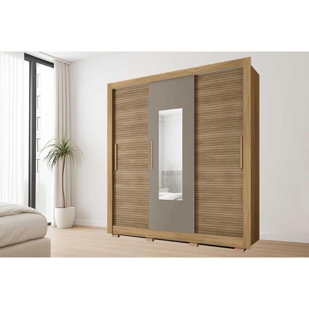 Guarda Roupa Casal 3 Portas De Correr (1 C/ Espelho) E 2 Gavetas Chile Lamina Mel/cacao - Caemmun