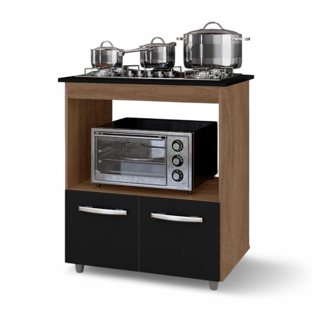Balcão Para Cooktop Elis 75cm 02 Portas Com Tampo Recortado Savana Preto - Abmaza