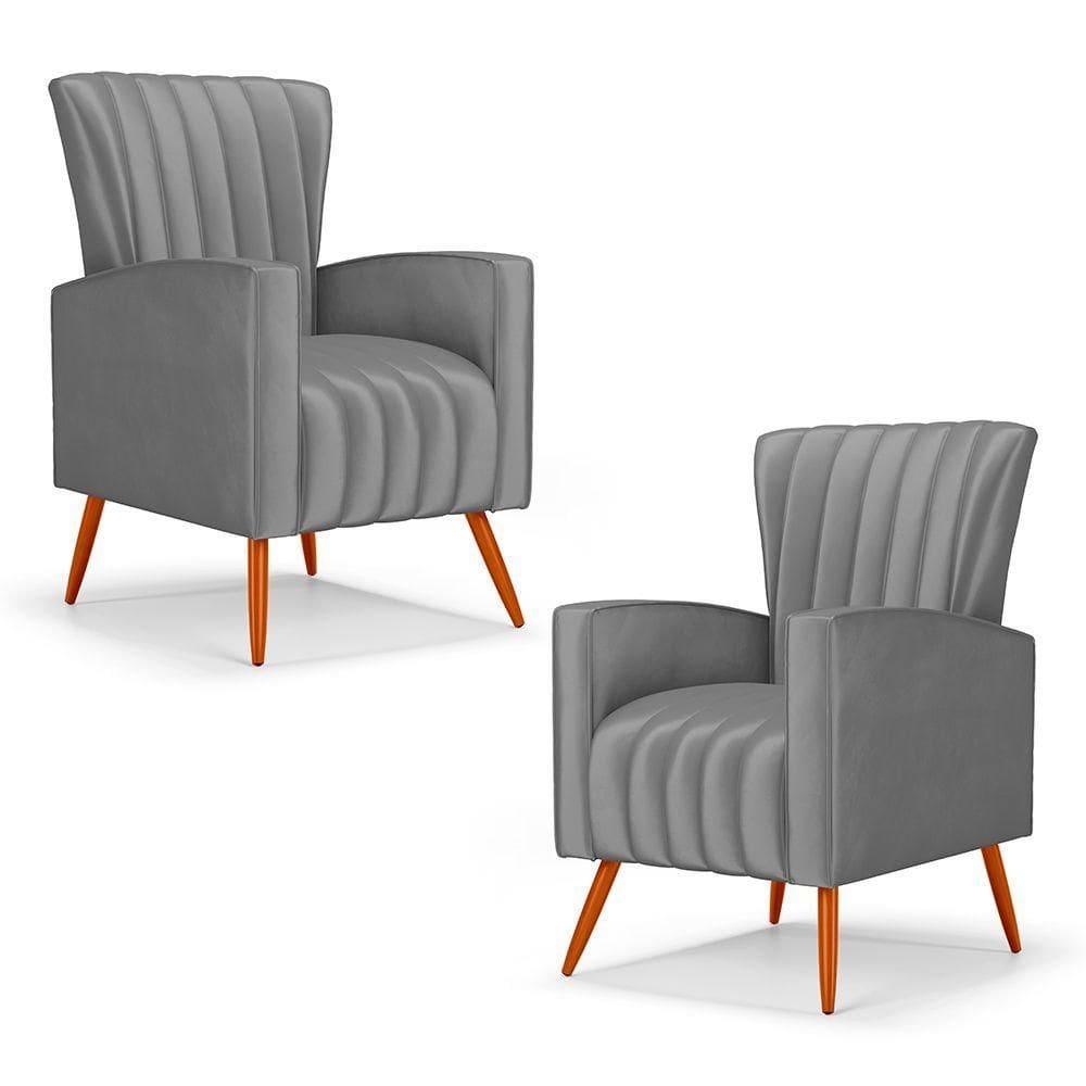 Kit 02 Poltronas Decorativas Melody Com Pés Palito Suede Cinza - Abmaza