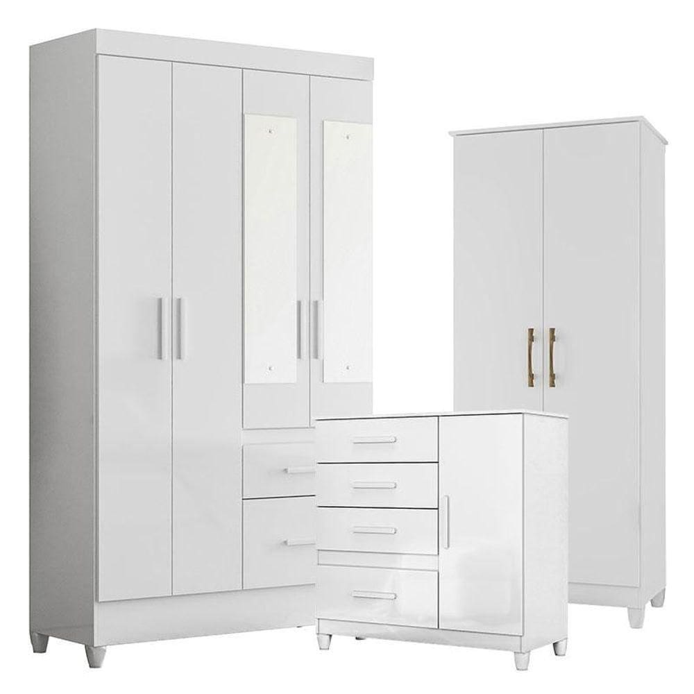 Guarda Roupa Com Espelho Infantil Sobral Com Cômoda Vênus Com Pés E Multiuso Jade Branco Brilho - Moval