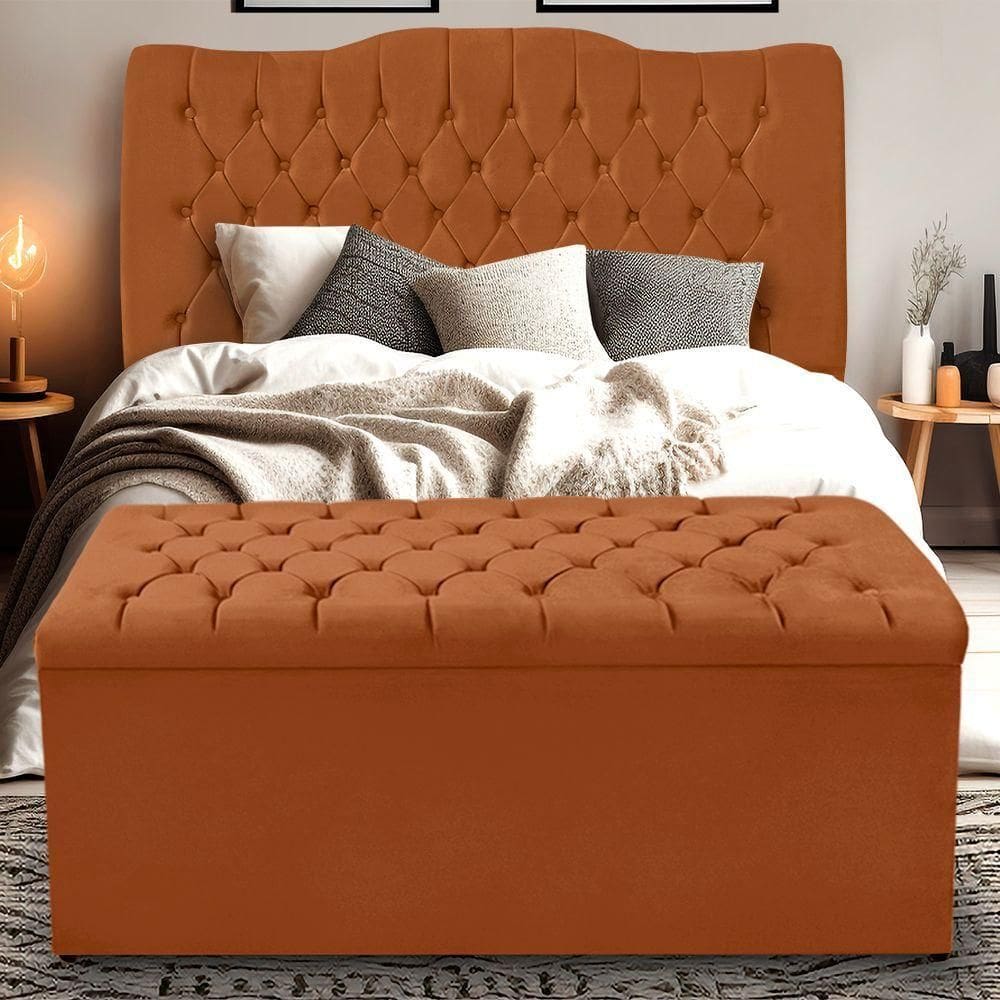 Kit Cabeceira E Calçadeira Baú Dunas Queen 160 Cm - Veludo Terra Cota