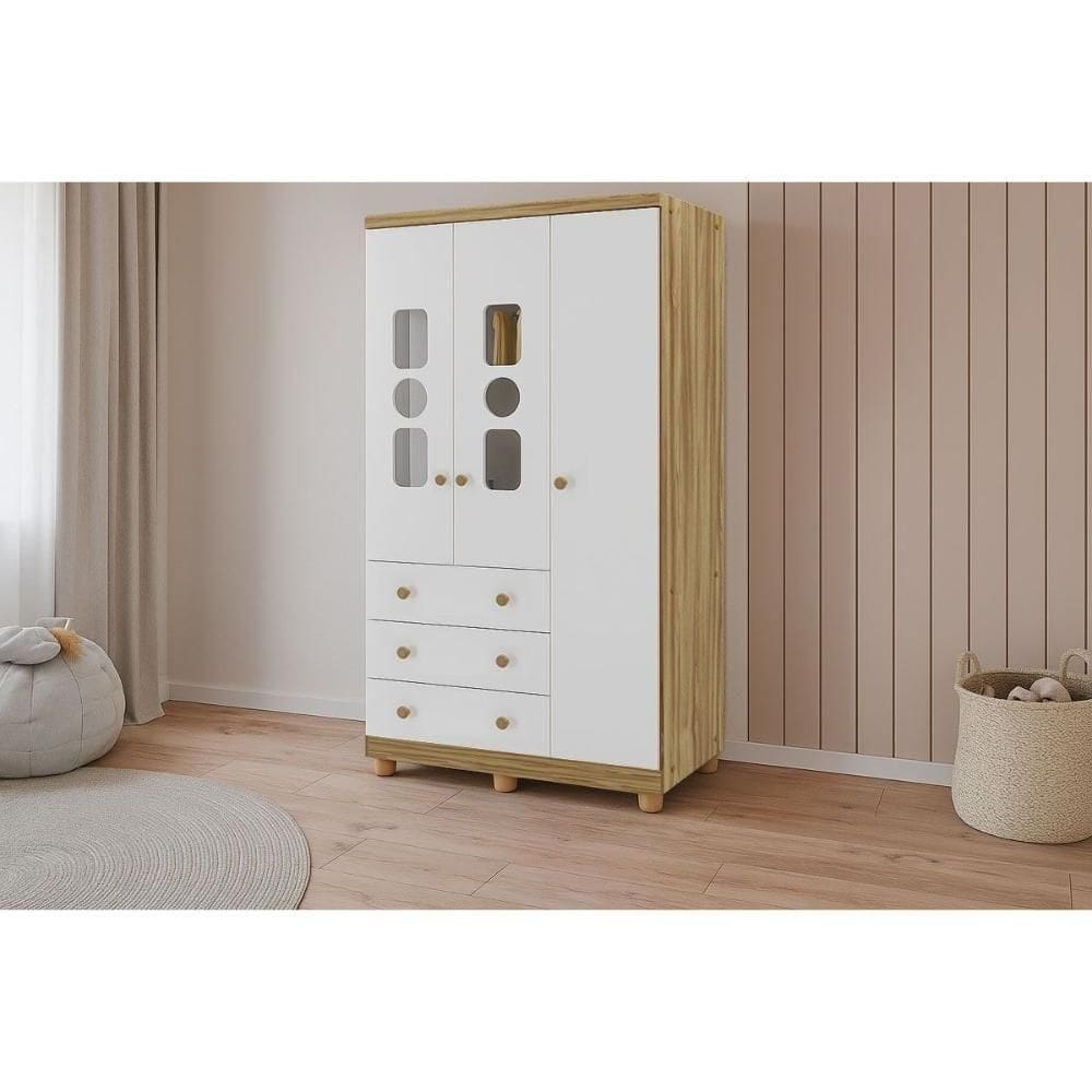 Guarda Roupa Infantil C/ 3 Portas (2 Cristal) E 3 Gavetas Tedy Branco/amendoa - Peroba