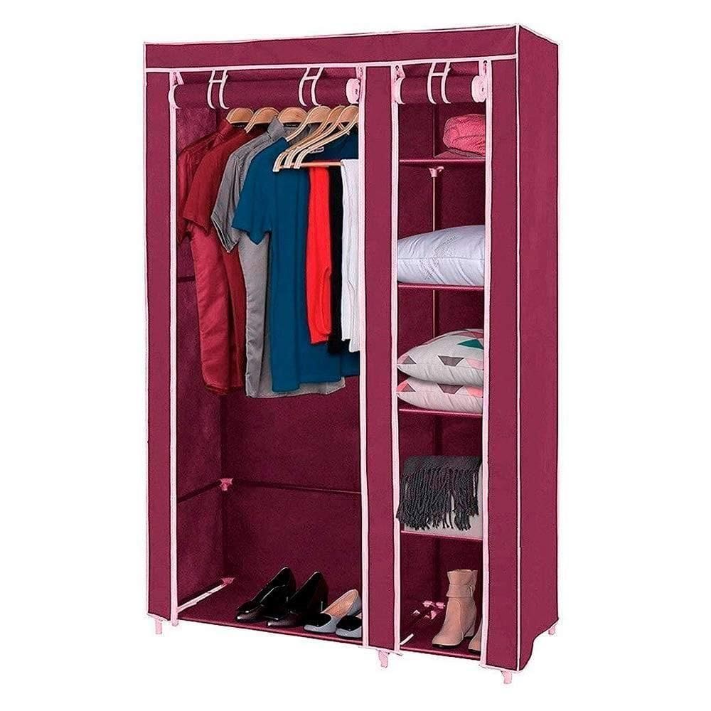 Guarda Roupa Portatil Duplo Cabideiro Arara 4 Prateleiras Sapateira Organizador Desmontavel Viagem Praia Vermelho