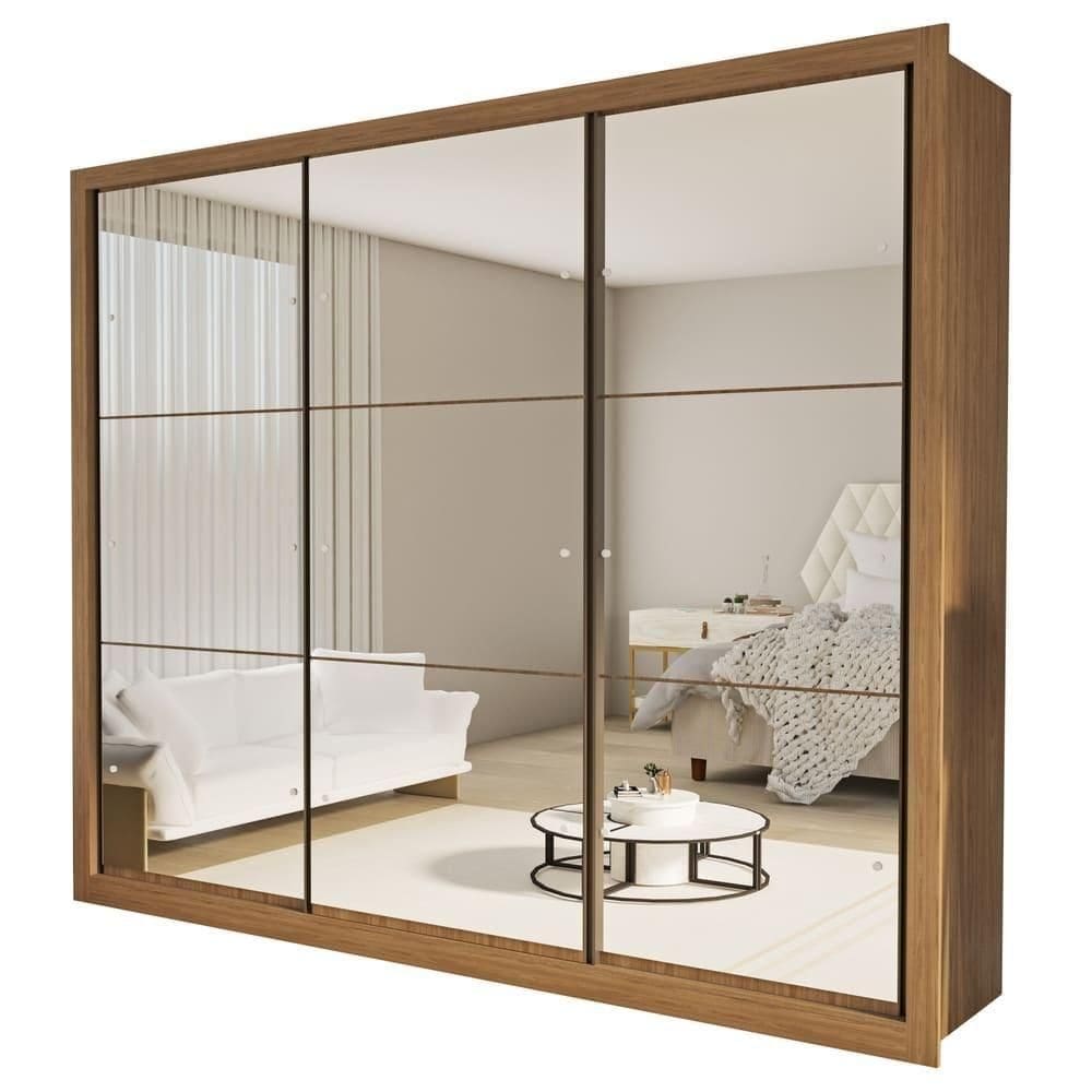 Guarda Roupa 3 Portas De Correr Todo Espelhado 6 Gavetas Ravena Minastex Carvalho