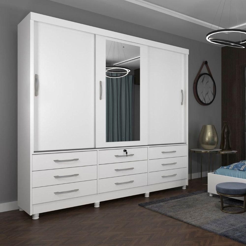 Guarda Roupa Chicago 3 Portas 9 Gavetas Com Espelho E Pés Tcil Branco