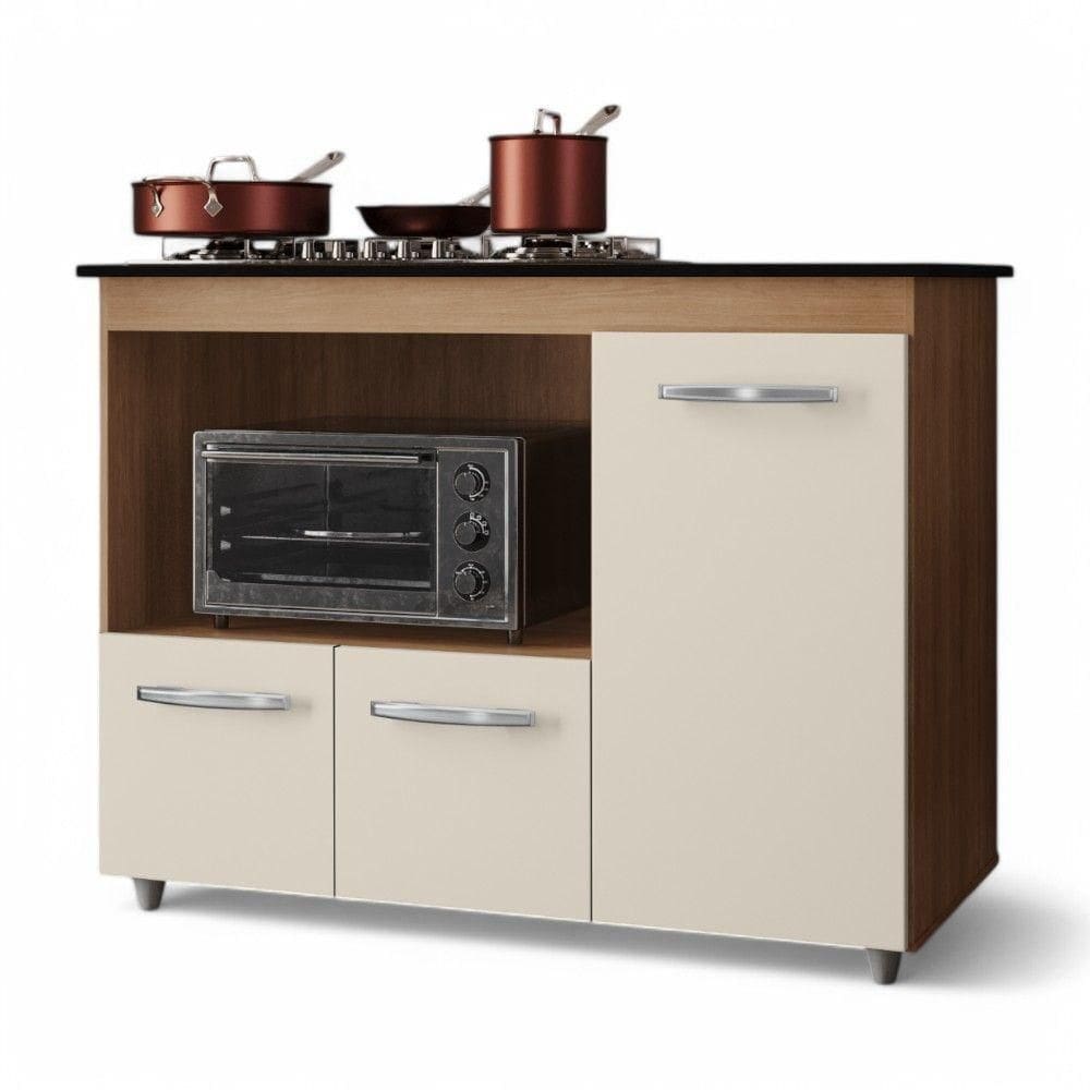 Balcão Para Cooktop Anna 114cm 03 Portas Com Tampo Recortado Savana Off White - Abmaza