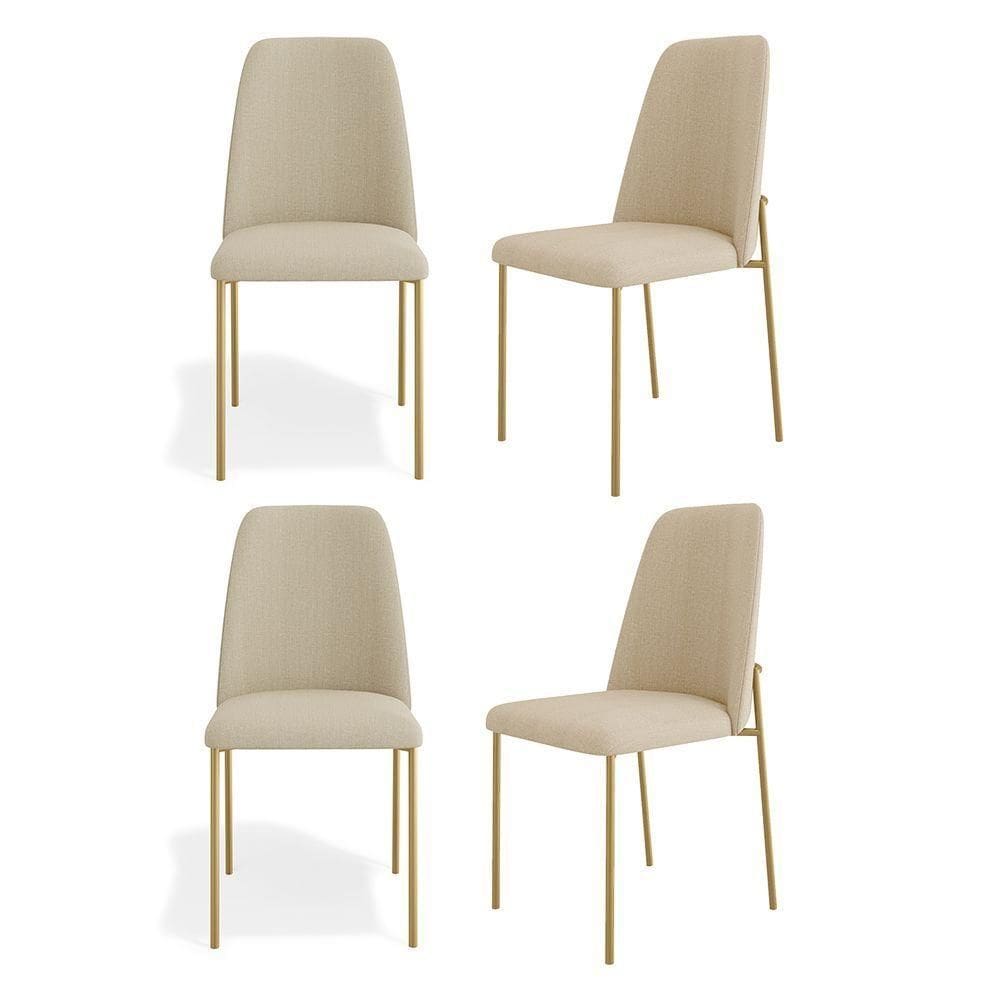 Kit 04 Cadeiras Sala De Jantar Lior Com Encosto Estofado Base Dourada Linho Bege - Abmaza