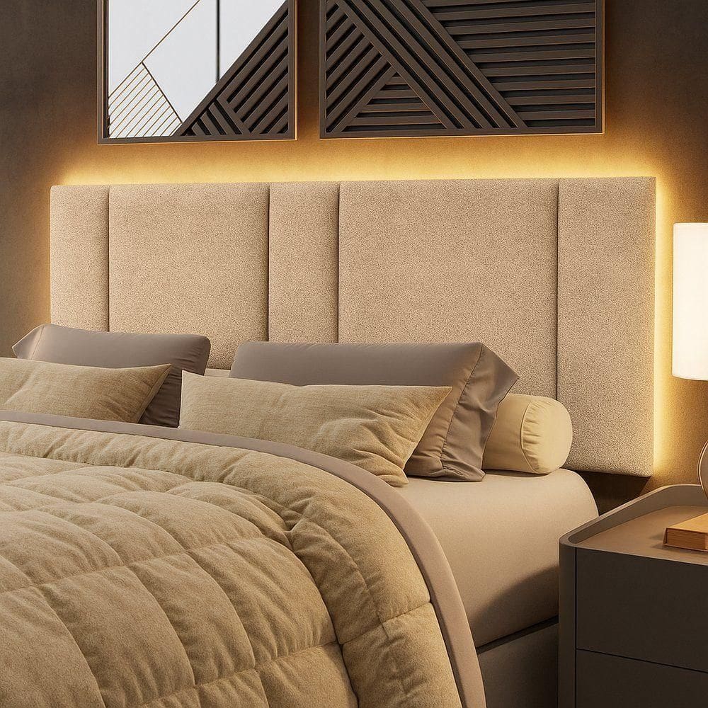 Cabeceira Painel Cama Box Queen Size Siri 160cm Com Led Bouclé Bege - Abmaza