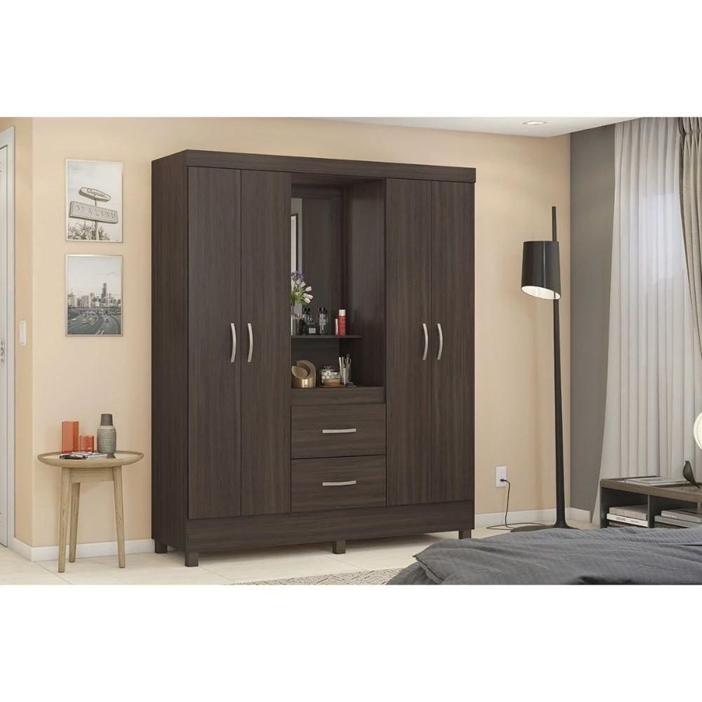 Guarda Roupa Solteiro 4 Portas E 2 Gavetas C/ 1 Espelho Capelinha Lord Cafe Touch - Demóbile