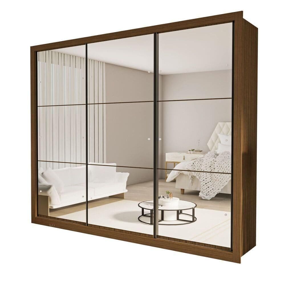 Guarda Roupa 3 Portas De Correr Todo Espelhado 6 Gavetas Ravena Minastex Freijó