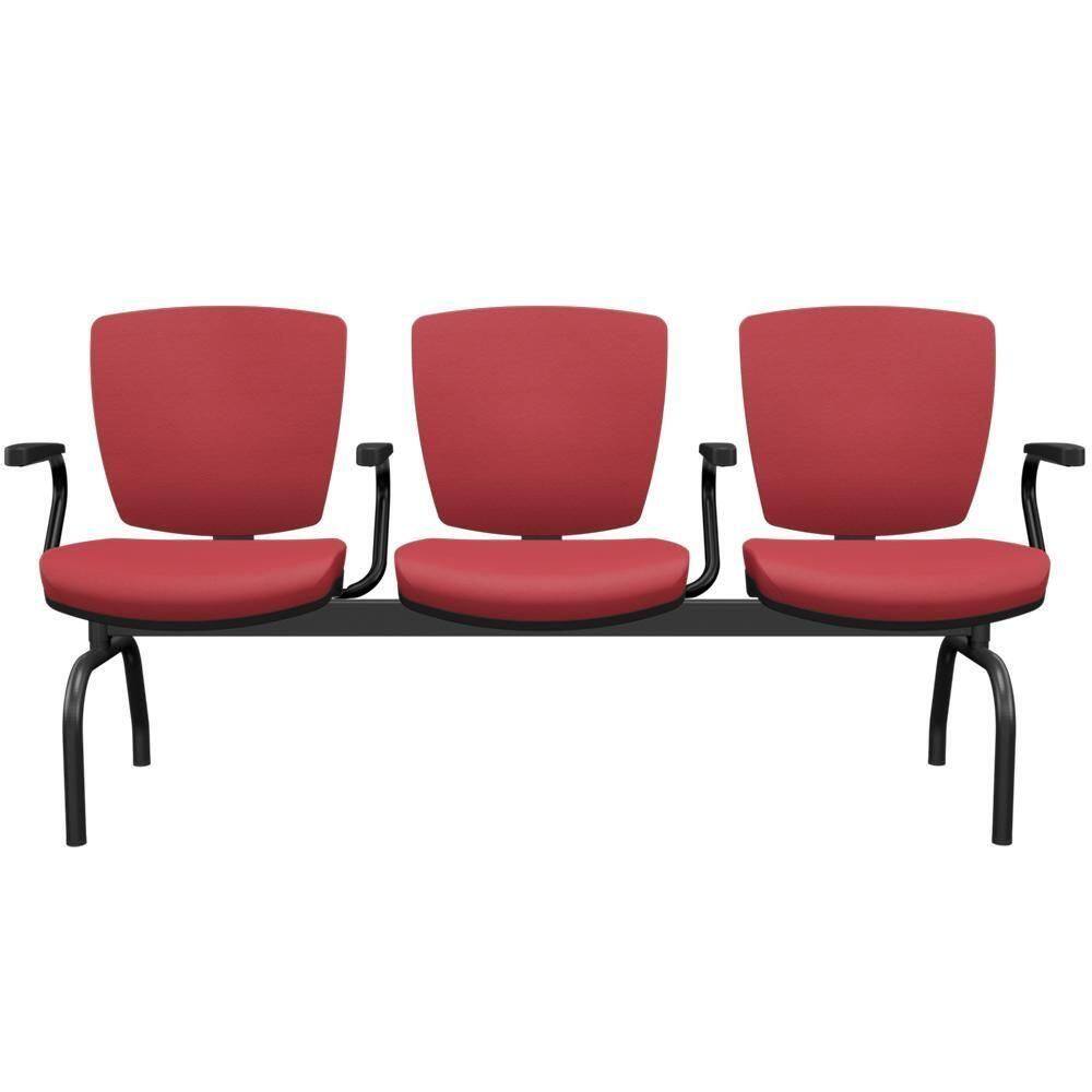 Cadeira Longarina 3 Lugares Aeroporto Recepção Preto Baixa Flexi P03 Vinil Vermelho -Lyam