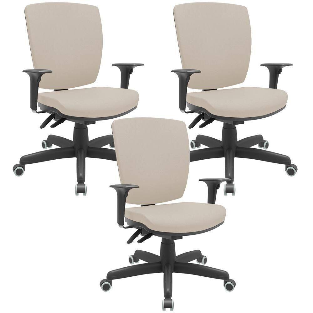 Kit 03 Cadeiras De Escritório Diretor Office Base Giratória Preto Alta Flexi P03 Suede Bege-Lyam