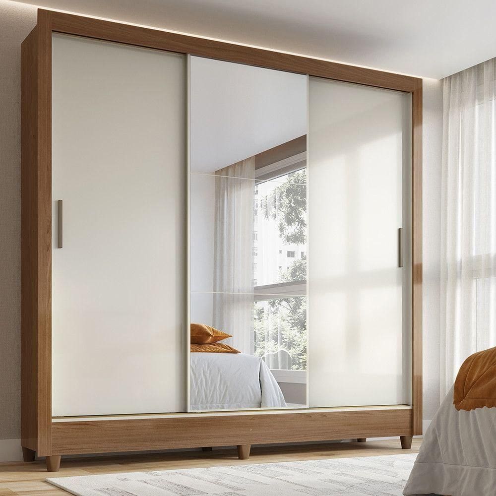 Guarda-roupa 171cm 3 Portas Com Espelho França Santos Andirá Jequitiba/off White