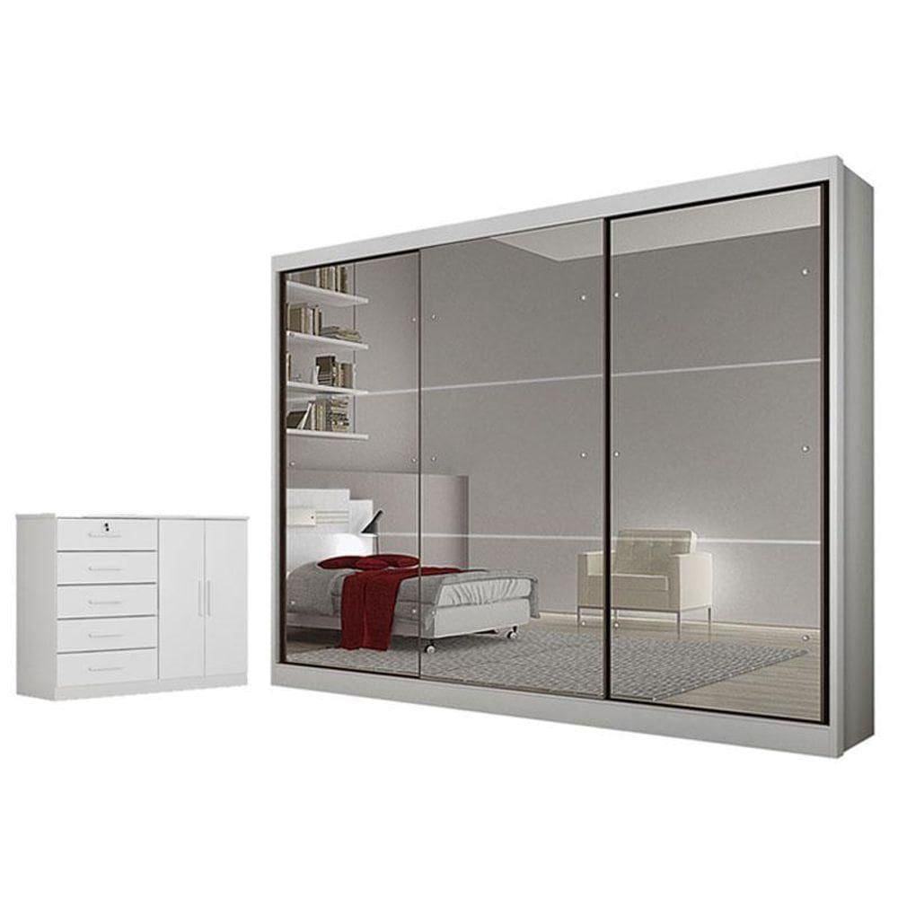 Guarda Roupa Casal Atlanta Com Espelho E Cômoda Seul Neve - Novo Horizonte