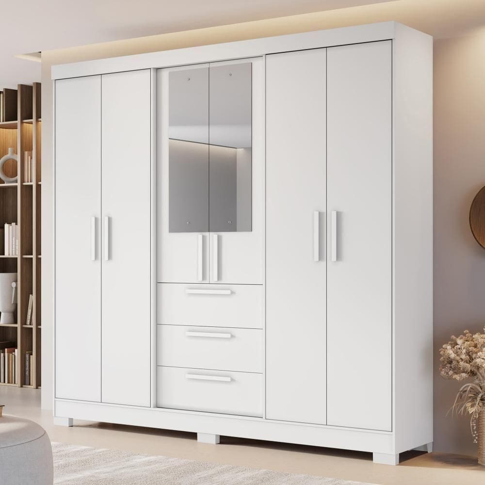 Guarda Roupa Casal 6 Portas Com Espelho 100% Mdf Nt6030 Branco Notável Móveis Branco