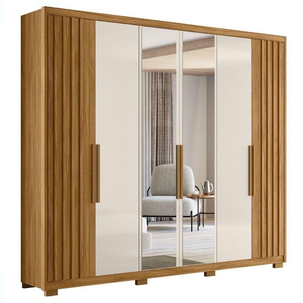 Guarda Roupa Casal Espelho 6 Portas 260 Cm Araguaia Freijo Off White Moval