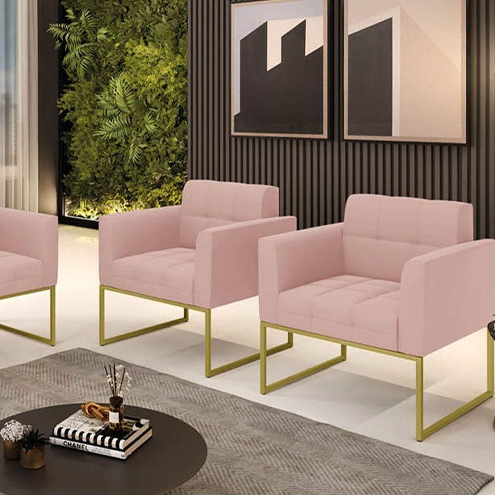 Kit 2 Poltronas Elisa Veludo Rosê Base Metálica Industrial Dourado D03 - D`rossi