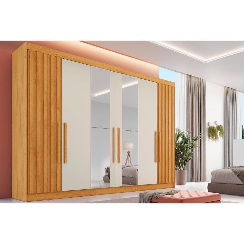 Guarda Roupa Casal 6 Portas (2 Ripadas E 2 C/ Espelho) E 6 Gavetas Potente Peroba/off White - Europa