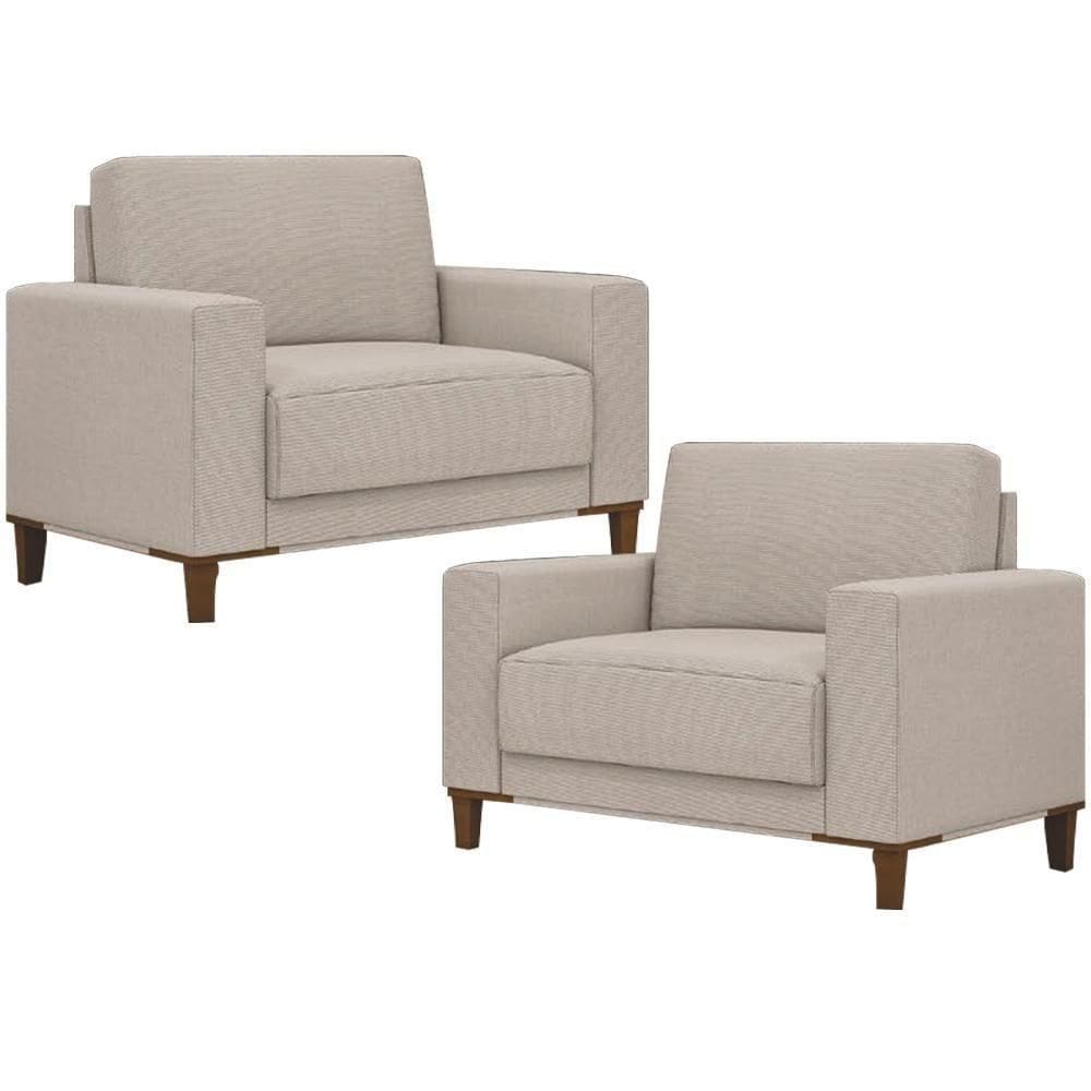 Kit 02 Poltronas Decorativas Sala De Estar Living Pés Madeira Viso M03 Linho Cru - Lyam Decor