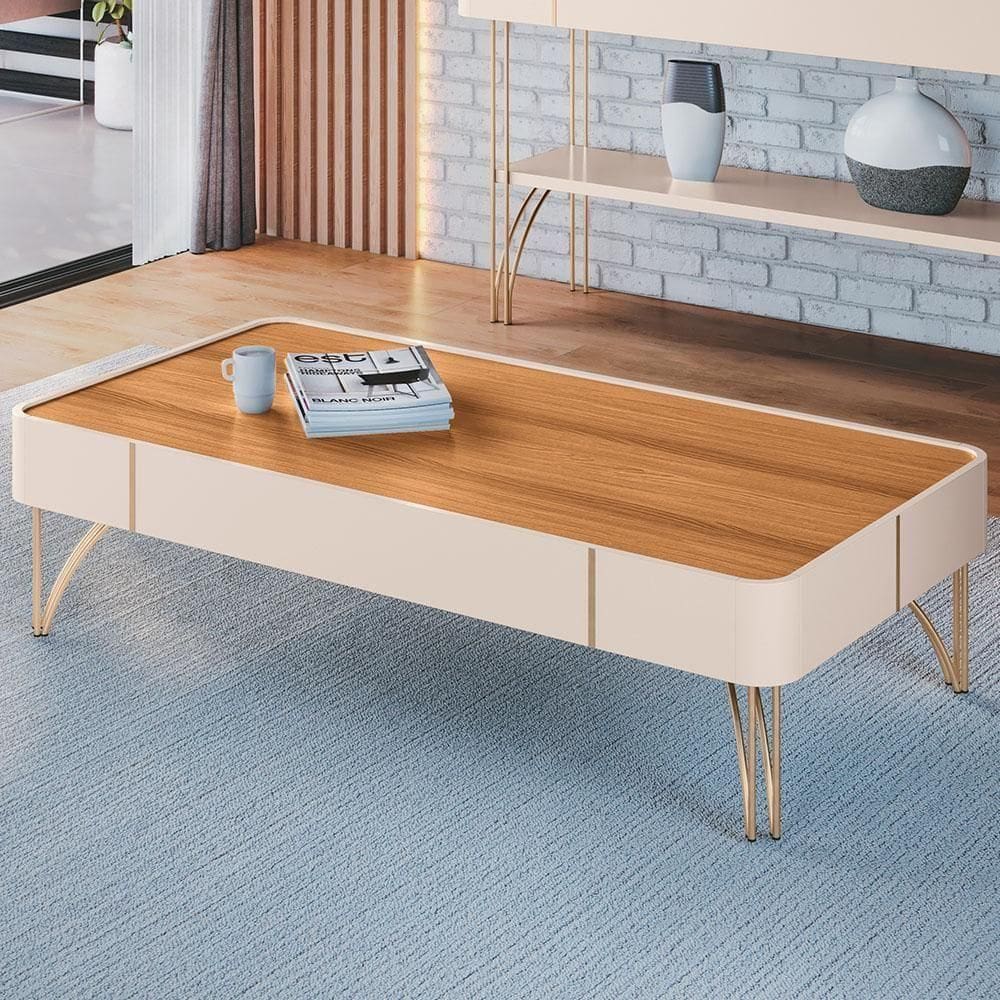 Mesa De Centro Para Sala Pés De Aço Cadenza Off/cinamomo - Hb Móveis