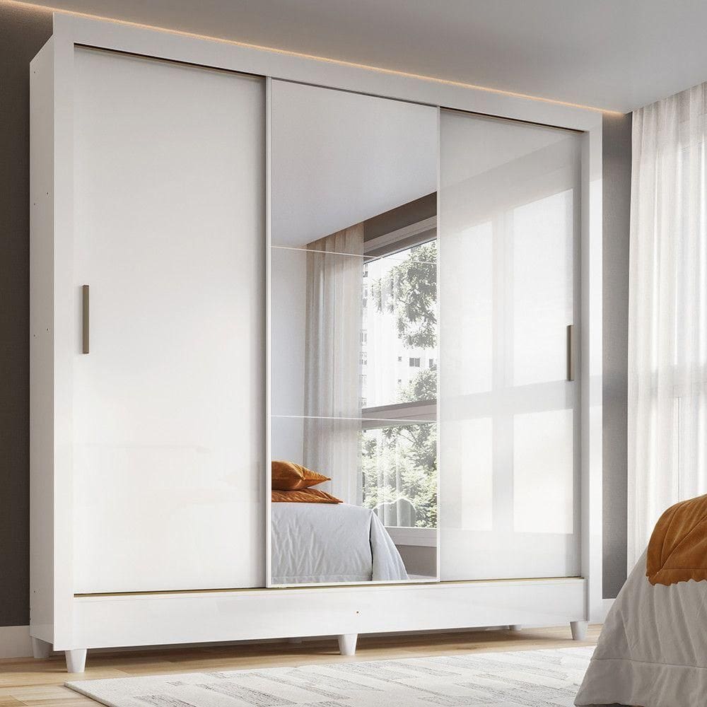 Guarda-roupa Casal 3 Portas De Correr Com Espelho Branco