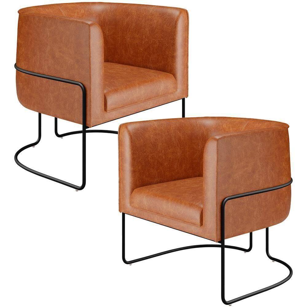 Kit 02 Poltronas Para Sala De Estar Fixa Base Aço Preto Betina D02 Couríssimo Camel - Lyam
