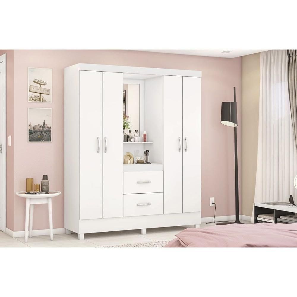 Guarda Roupa Solteiro 4 Portas E 2 Gavetas C/ 1 Espelho Capelinha Lord Branco/rosa/branco - Demóbile