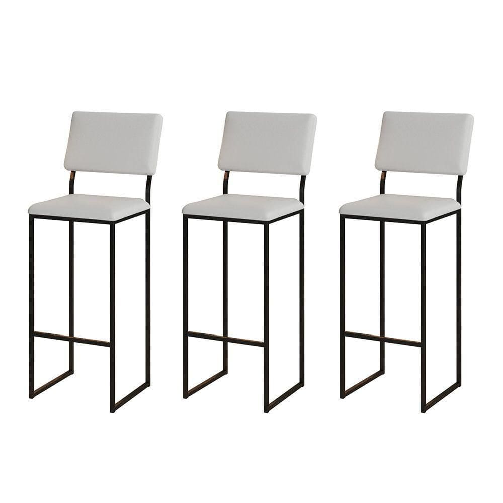 Kit 3 Banquetas Com Encosto Industrial E Moderna Nina Preto E Corino Branco