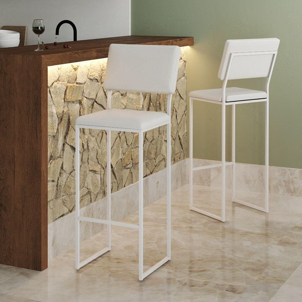 Banqueta Com Encosto Industrial E Moderna Nina Branco E Corino Branco