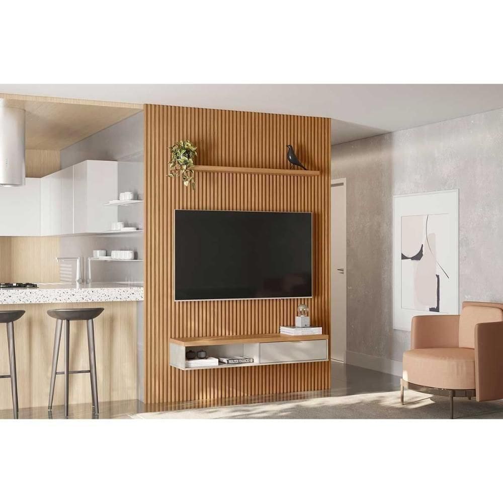 Estante P- Sala Até 85 Pol Modular Ripado C- 1 Porta 1 Prat. 219x250cm Nature-off White - Linea