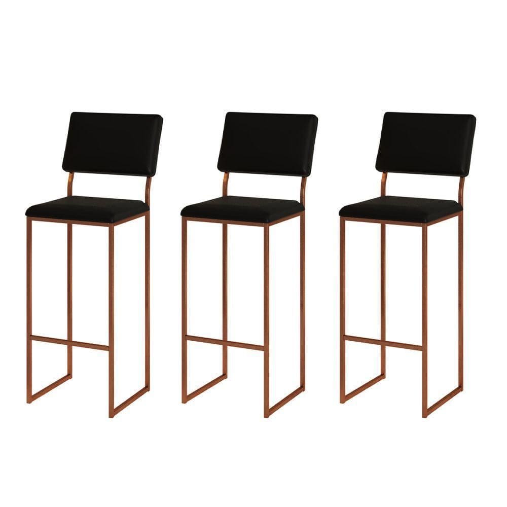 Kit 3 Banquetas Com Encosto Industrial E Moderna Nina Cobre E Corino Preto