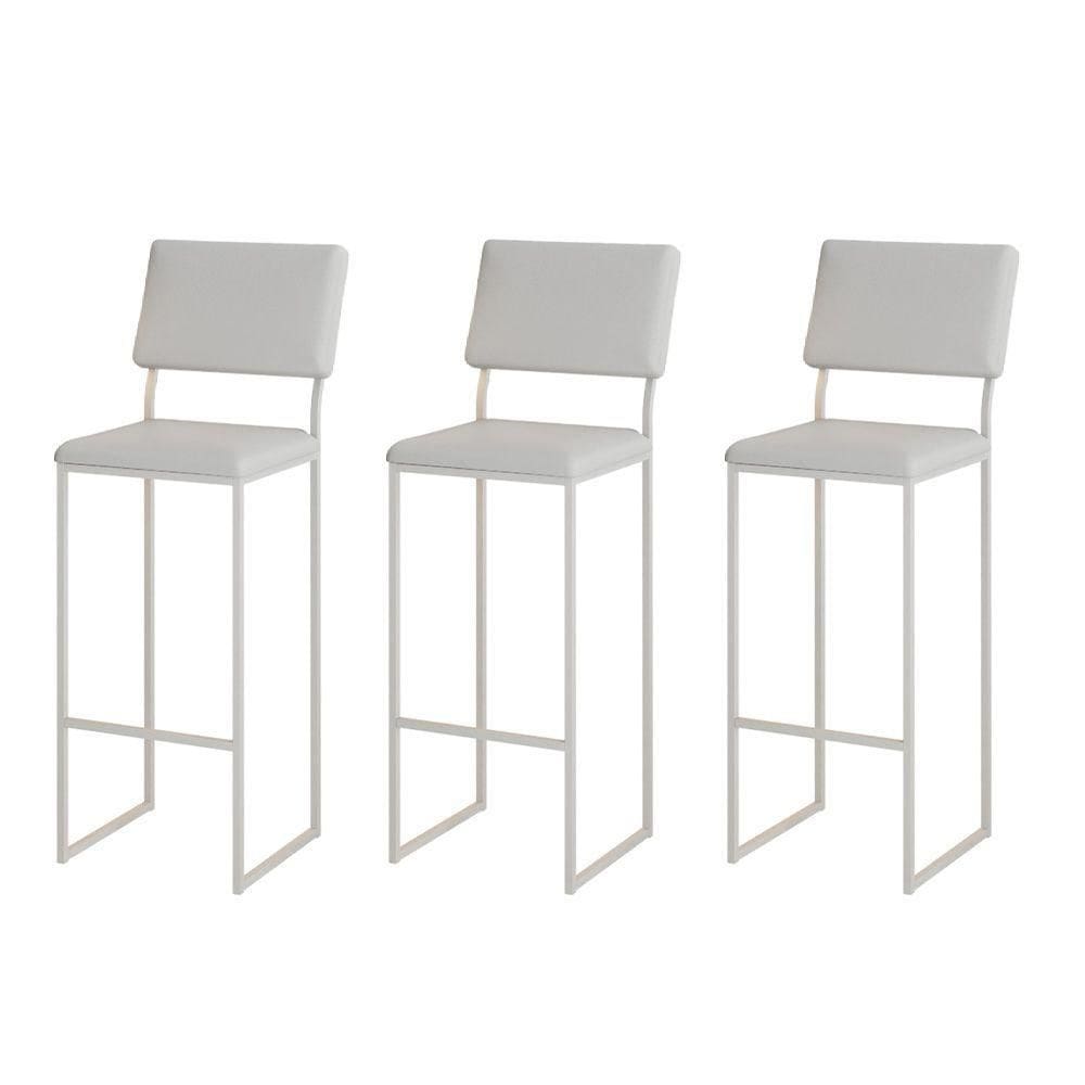 Kit 3 Banquetas Com Encosto Industrial E Moderna Nina Branco E Corino Branco