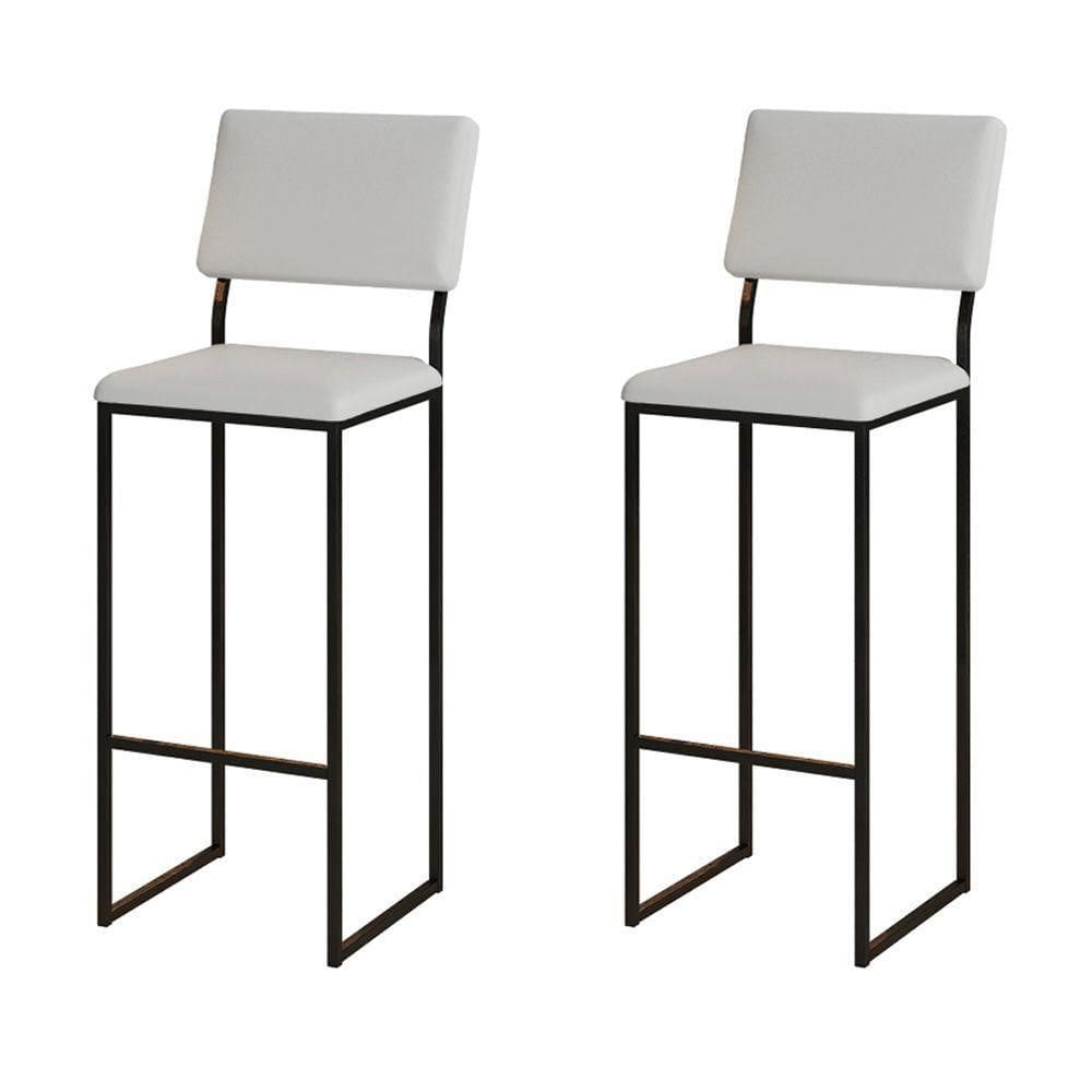 Kit 2 Banquetas Com Encosto Industrial E Moderna Nina Preto E Corino Branco