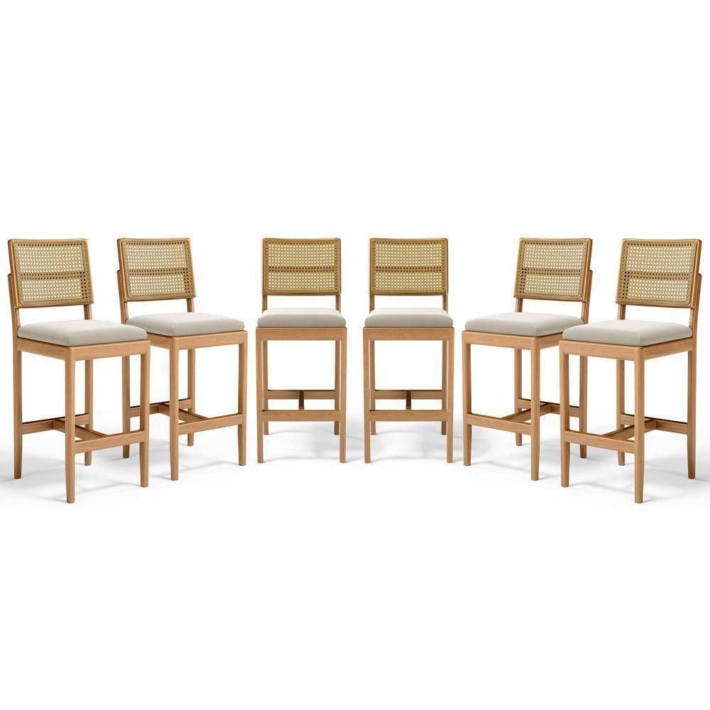 Kit Com 6 Banqueta Milena Madeira Maciça Assento Estofado Encosto De Tela Palha Sextavada Veludo Bege 102