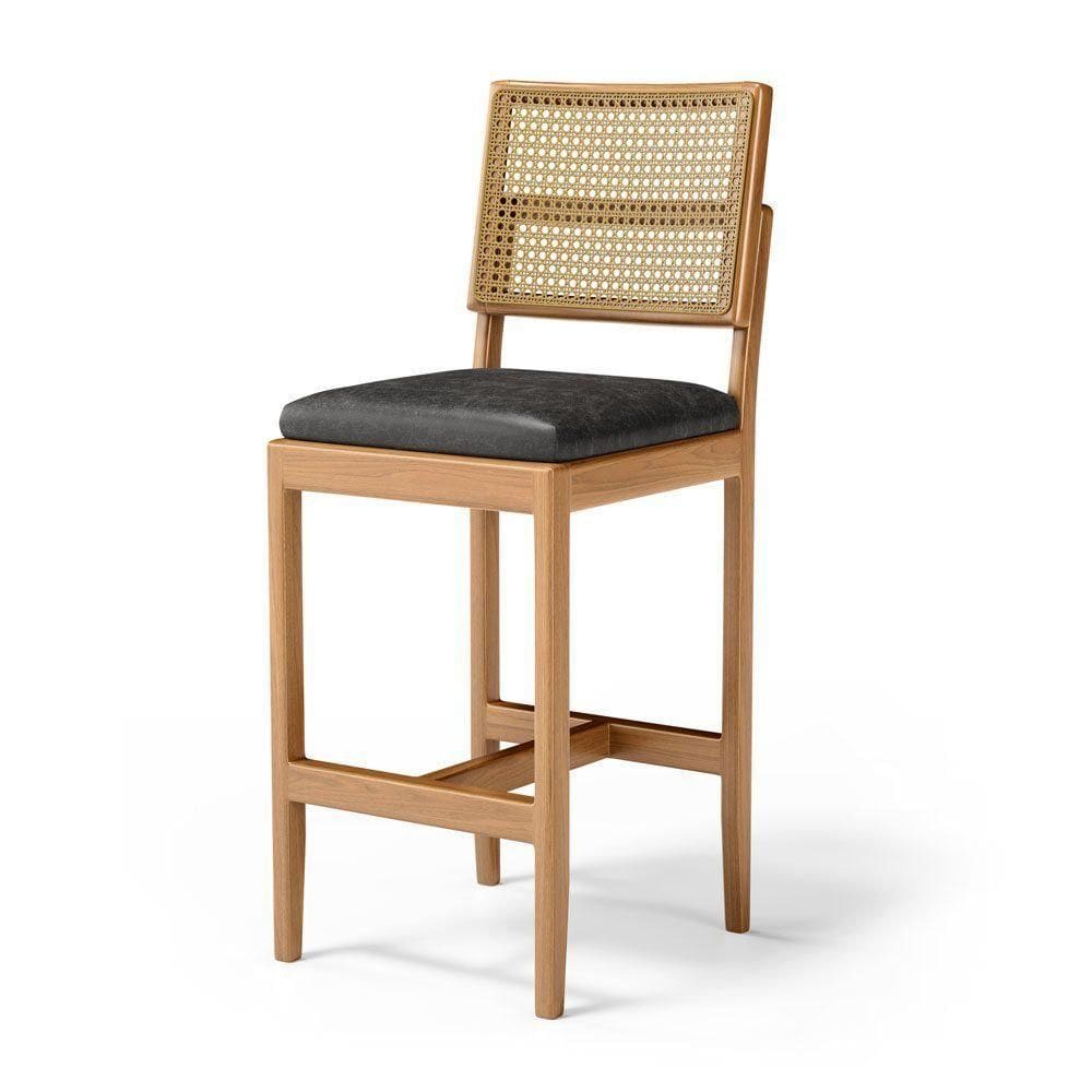 Banqueta Milena Madeira Maciça Assento Estofado Encosto De Tela Palha Sextavada Courino Preto 503