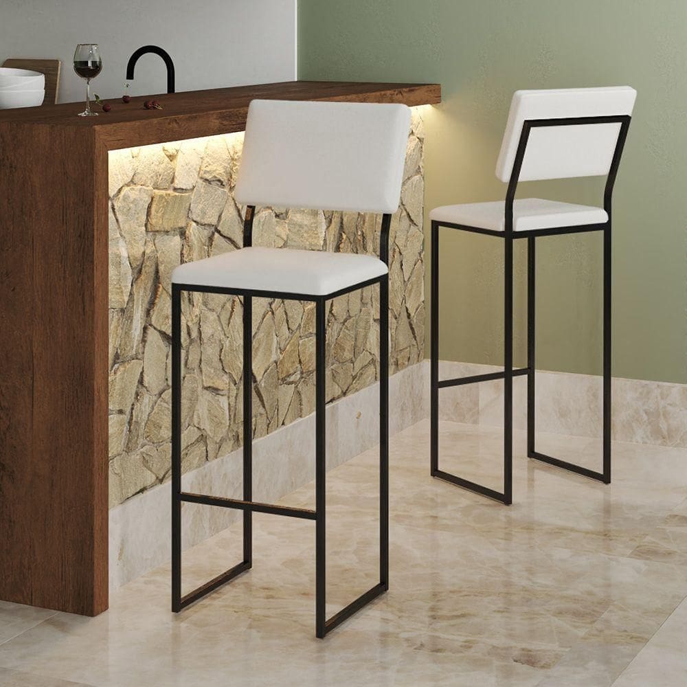 Banqueta Com Encosto Industrial E Moderna Nina Preto E Corino Branco