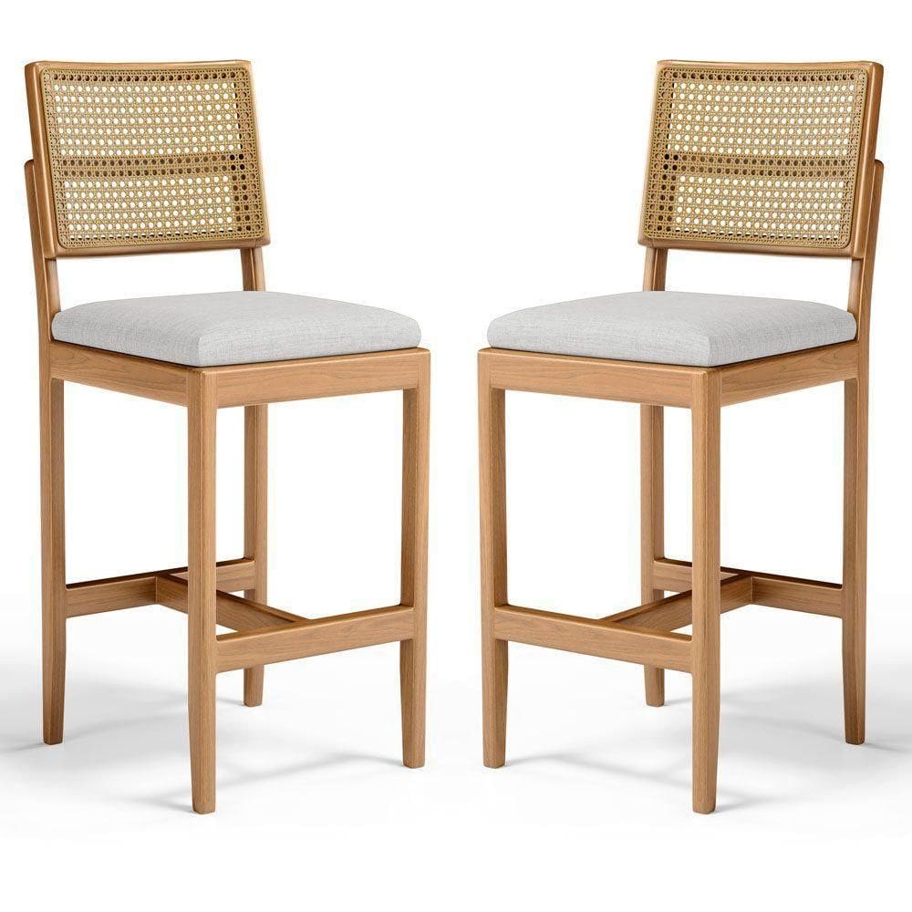 Kit Com 2 Banqueta Milena Madeira Maciça Assento Estofado Encosto De Tela Palha Sextavada Linho Cinza 407