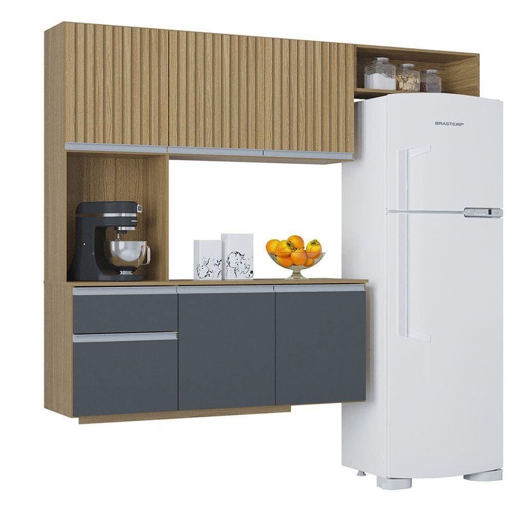 Kit Cozinha Suspensa Mel Com Balcão 180cm Poquema Móveis Damasco / Ripado / Cinza