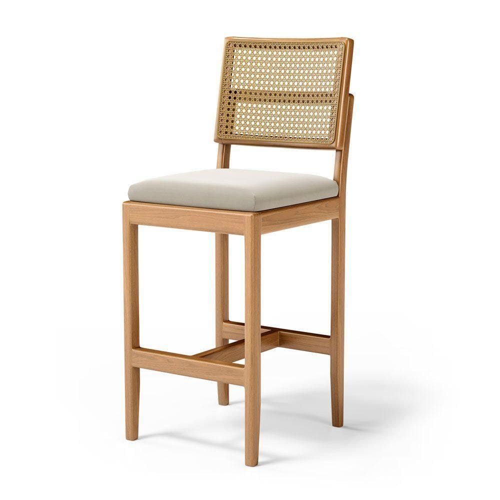 Banqueta Milena Madeira Maciça Assento Estofado Encosto De Tela Palha Sextavada Veludo Bege 102