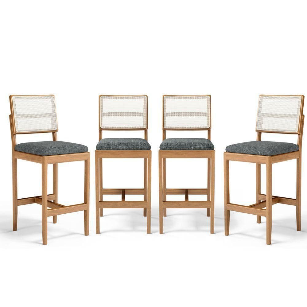 Kit Com 4 Banquetas Milena Madeira Maciça Assento Estofado Encosto De Tela Sintética Linho Chumbo 406