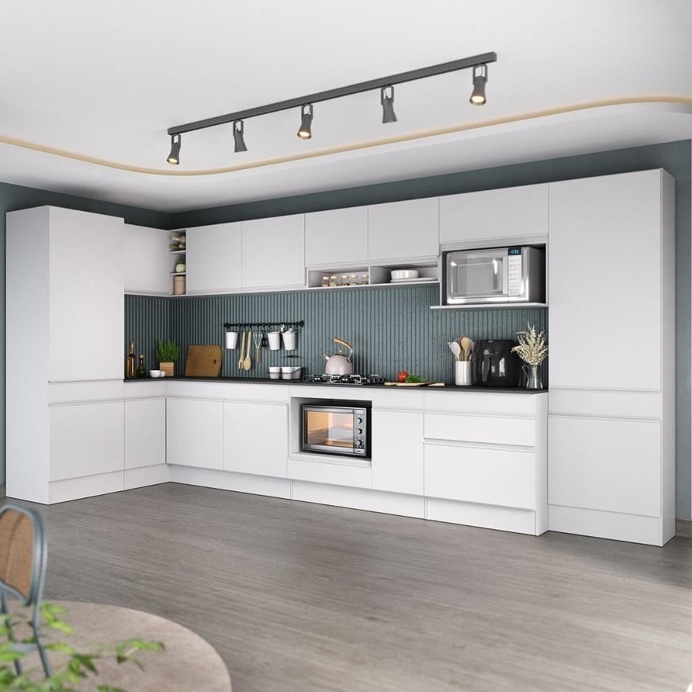 Cozinha Modulada Completa Canto 409cm Com Rodapé E Balcão Para Cooktop Veneza Multimóveis Mp2304 Branco