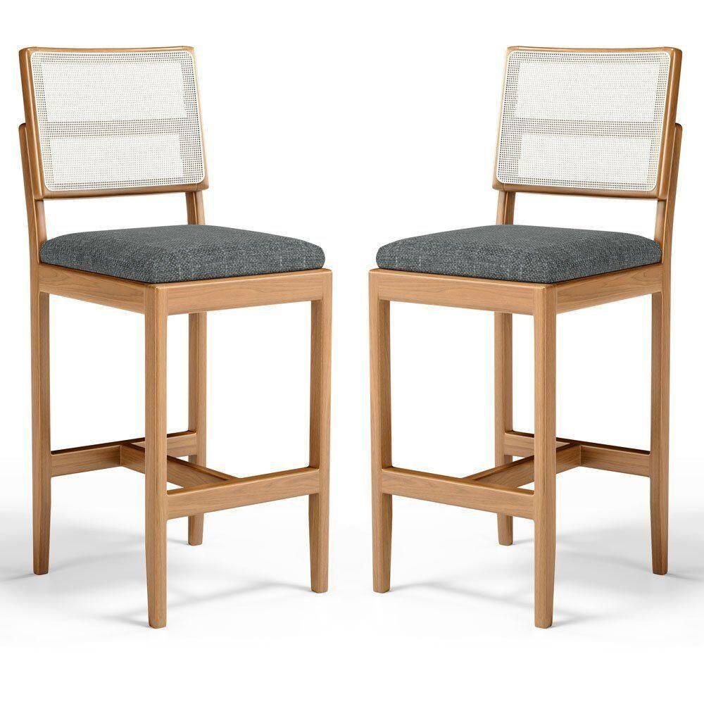 Kit Com 2 Banqueta Milena Madeira Maciça Assento Estofado Encosto De Tela Sintética Linho Chumbo 406