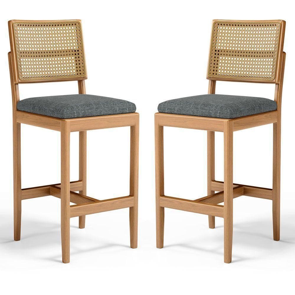 Kit Com 2 Banqueta Milena Madeira Maciça Assento Estofado Encosto De Tela Palha Sextavada Linho Chumbo 406