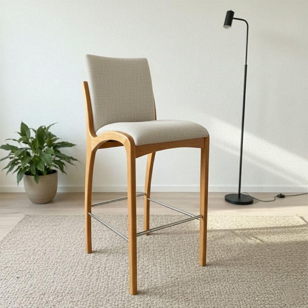 Banqueta Aura Alta Madeira Maciça E Linho 25 Bege Design Moderno Conforto Com Apoio Para Pés Mobília Decor